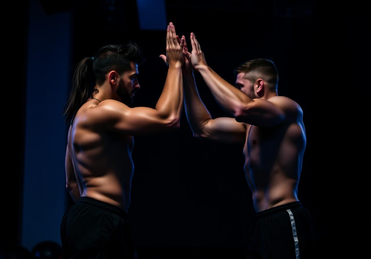 Two athletes high-fiving in a dark gym