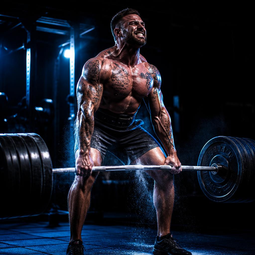 Athlete deadlifting in a dark gym